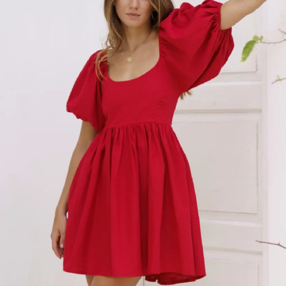 ELF Dresses & Skirts - ELF made by hand strawberry Fields puff sleeve mini dress M 100% linen red